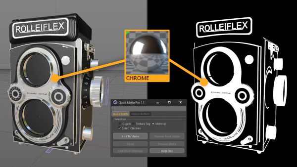 Side by Side of Cinema 4D Viewport and Render matting materials with Quick Matte Pro