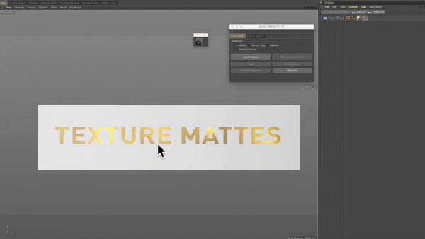 Quick Matte Pro Texture Matting Gif Cinema 4D viewport showing Quick Matte Pro Matting Textures with Alphas